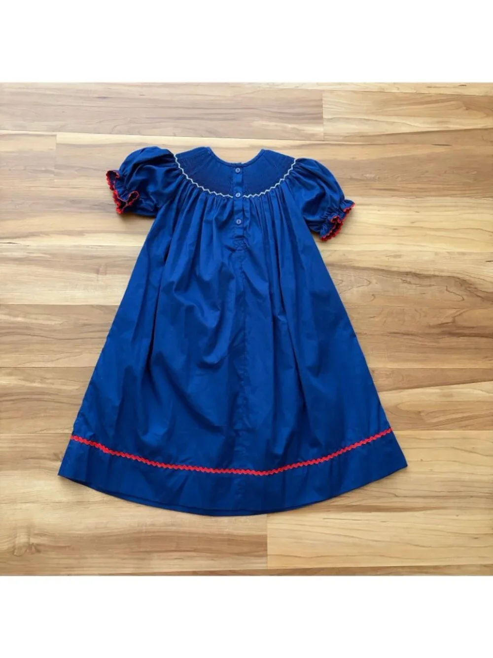 The Smocking Place Girls Size 4 Blue Santa Pleated Embroidered Holiday Dress